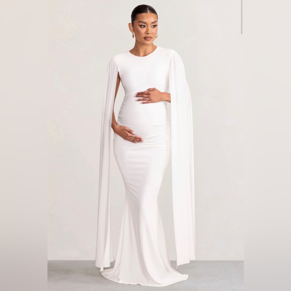 BRIONY 
WHITE MATERNITY MAXI DRESS WITH CAPE SLEEVES